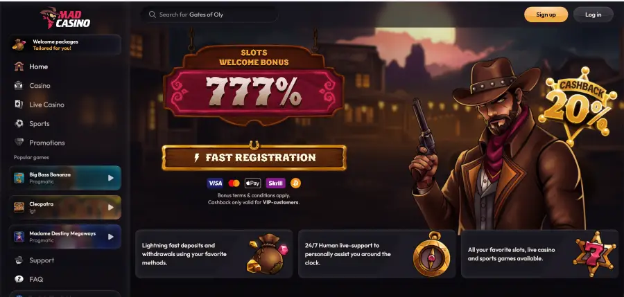 Inscription Mad casino avec pack de bienvenue