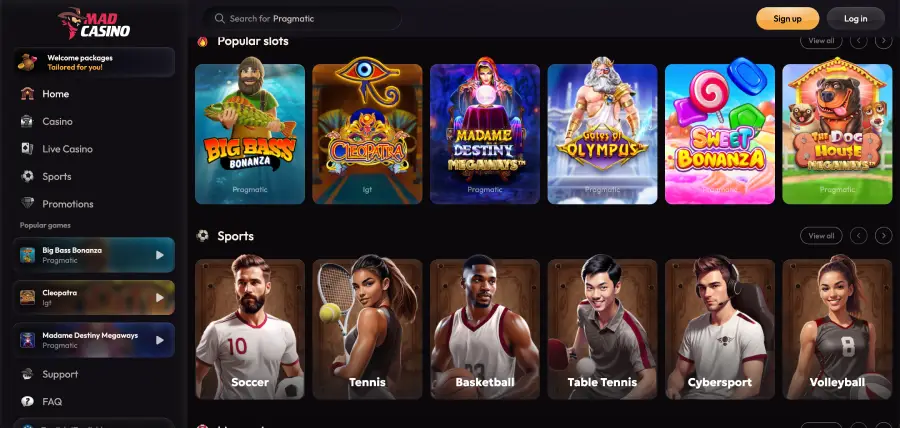 Plateforme Mad casino au Royaume-Uni avec inscription et options de paiement
